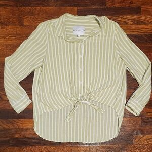 Lola River Light Green Striped High Low Tie Front Button Down Shirt Size Large